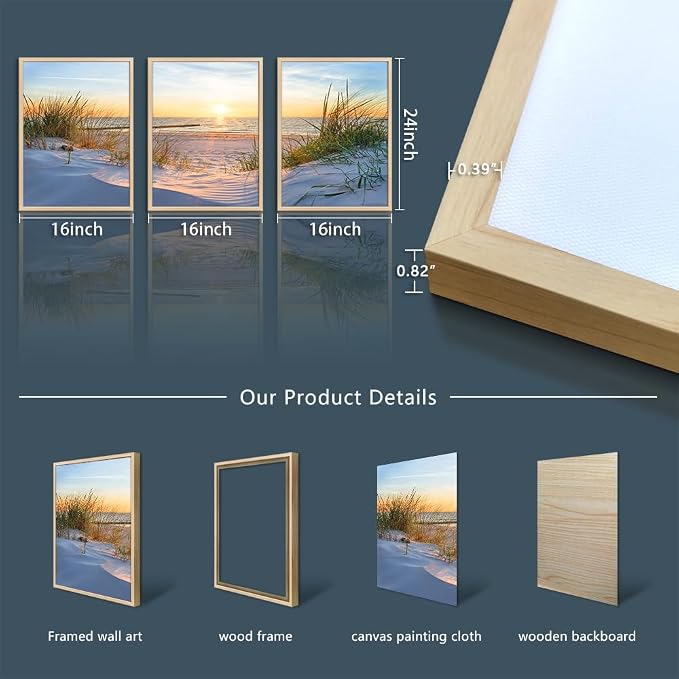 Natural Wood Framed Wall Art for Living Room and Bedroom - Large Size Sun Blue Beach Pictures - Office and Home Decor - Ocean Paintings Set of 3 Piece Framed Art Prints