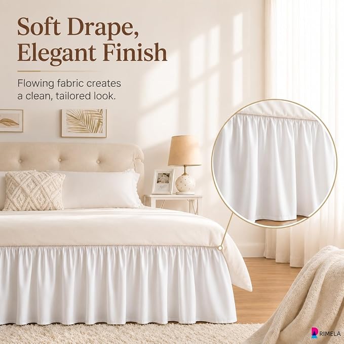 Warm White Bed Skirt King Size 12" Drop, Elastic Wrap Around Bedskirt | Solid Ruffled, Easy to Use, No Mattress Lifting, Wrinkle & Fade Resistant, with Adhesive Strips, Machine Wash/Dry/Iron