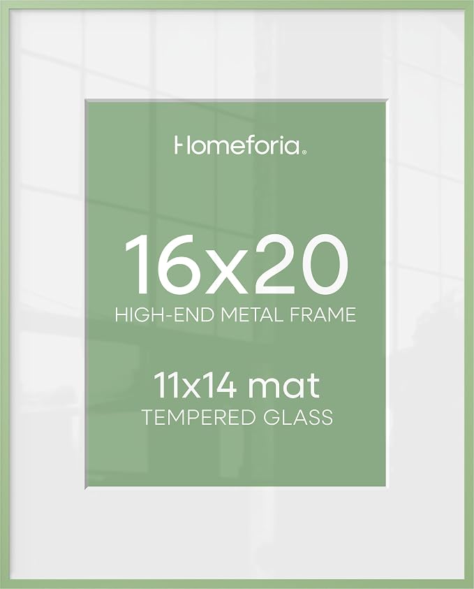 Homeforia 16x20 Green Picture Frame, High-End Metal, 11x14 Mat, Glass