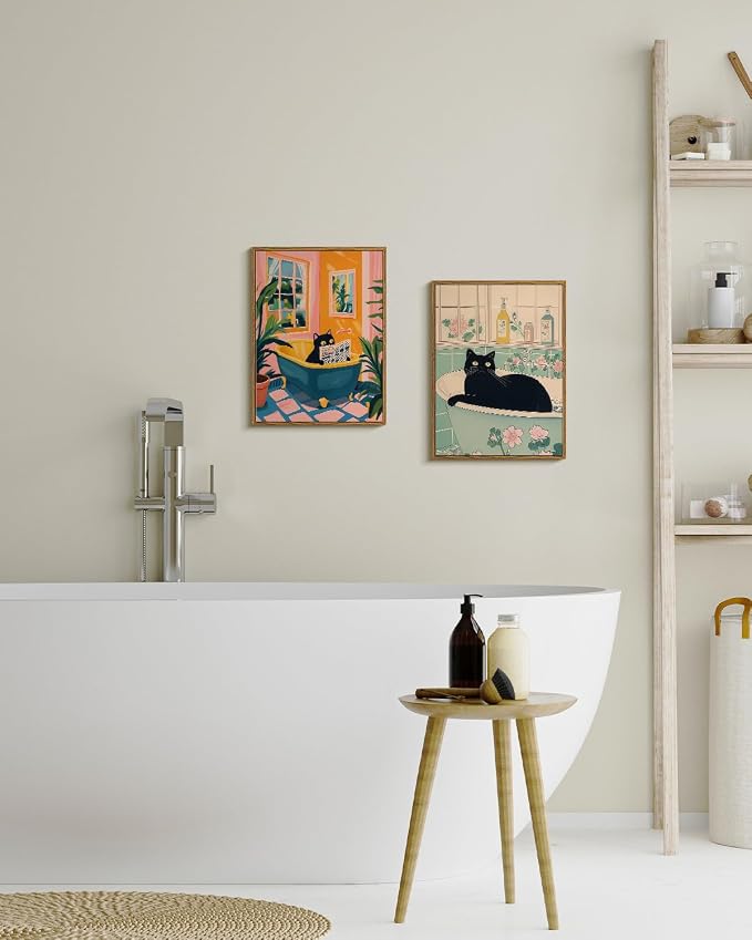 WHASAYART Vintage 12x16 Framed Black Cat in Bathtub Wall Art, Retro Pastel Floral Tile Bathroom Canvas Print, Aesthetic Home Bath Spa Decor