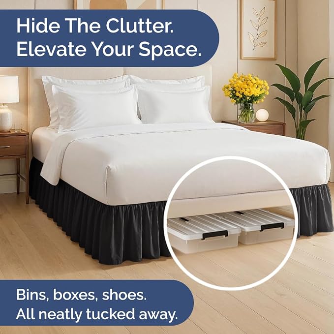 Bedskirt King Size Ruffle - Ruffled Bed Skirt - 12 Inch Drop - Black | Bedskirt with Platform, Ultra-Soft Premium Hotel Quality, Wrinkle Free, Fade & Shrink Resistant, for Women, Men, Kids & Teens