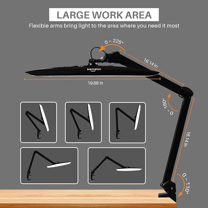 20-Inch LED Desk Lamp with Clamp, 24W 2200LM, Protected Arm, Black