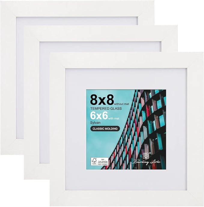Boarding 8x8 Picture Frames White,5x5 Mat,Tempered glass,Engineered Wood