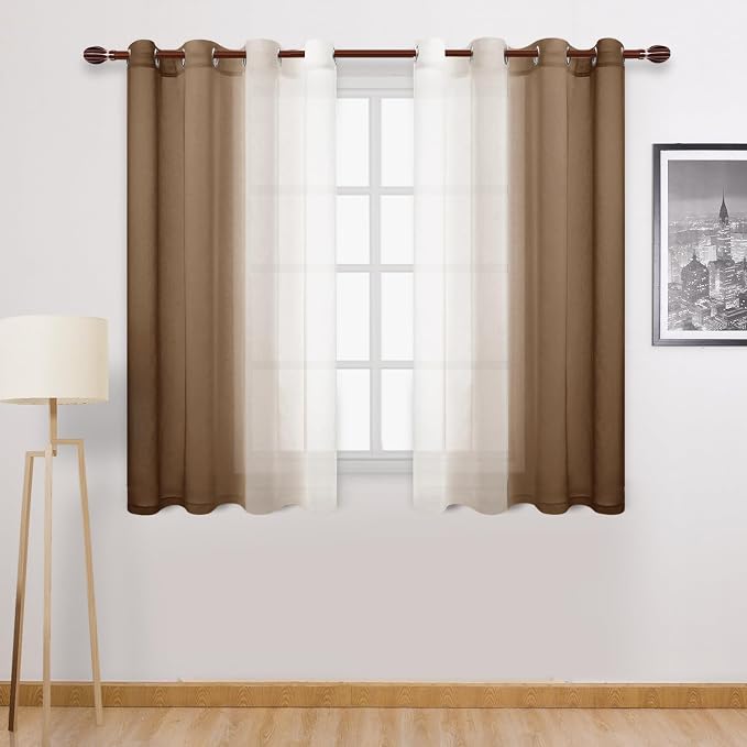 DWCN Ombre Short Sheer Curtains - Faux Linen Semi Voile Gradient Light-Filtering Bedroom and Living Room Curtains, Set of 2 Grommet Top Window Drape Panels, 52 x 54 Inch Length, Warm Brown