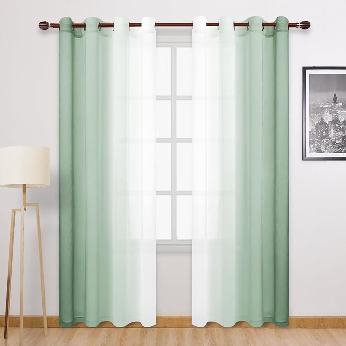 DWCN Light Sage Faux Linen Ombre Sheer Curtains - 96 inches Long Gradient Semi Voile Curtains for Bedroom and Living Room, Set of 2 Grommet Top Window Curtain Panels, 52 x 96 Inches Long,Sage Green