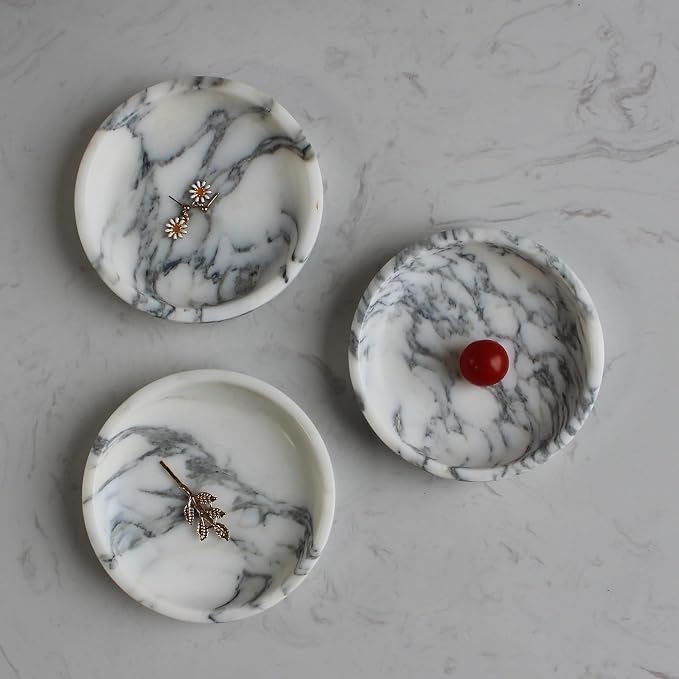 Nawgnail Natural Travertine Marble Jewelry Dish 5.5",Trinket Dish for Ring Earring, Gift for Woman Daugther(Arabescato Calacatta)