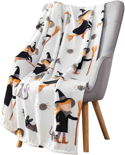 Halloween Ghost Fleece Throw Blanket, Cute Witch Girl, 50x70 oversized | Ultra-soft cozy flannel fleece, for sofa bed couch chair & dorms, spooky Halloween décor, durable and machine washable.