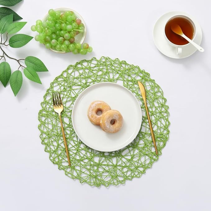 IcosaMro Grass Green Round Placemats Set of 12 for Dining Table, 13 Inches Paper Woven Boho Small Decorative Circle Place Mat for Wedding Christmas Thanksgiving Day Holiday Dinner, Green