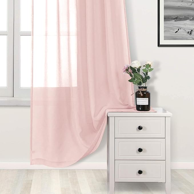 DWCN Blush Pink Sheer Curtains Bedroom Curtains Faux Linen Voile Sheer Drapes Grommet Top Window Curtain Panel 52 x 90 inches Long,Set of 2 Panels