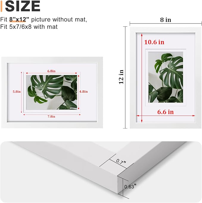 Egofine 8x12 Picture Frames Set of 4, Made of Solid Wood Covered by Plexiglass 5x7 and 6x8 with Mat or 8x12 without Mat, for Table Top Display and Wall Mounting Photo Frame White
