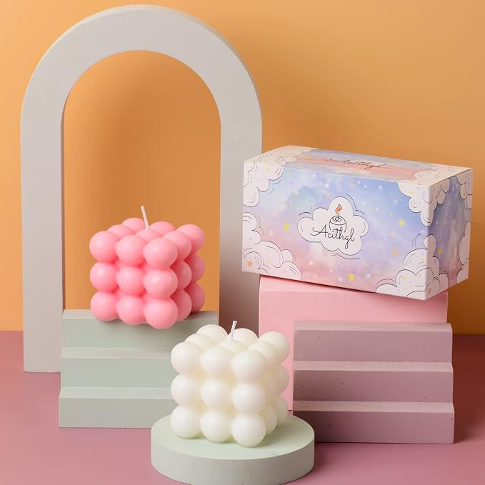 ACITHGL Bubble Candle - Cube Soy Wax Home Decor Scented Candle Set 2 Pieces (White+Pink)