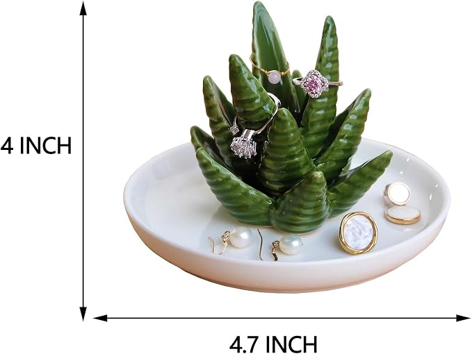 PUDDING CABIN Aloe Ring Holder,Cactus Ring Dish,Jewelry Holder Trinket Tray for Rings Earrings Necklace Organizer,Bridesmaid Christmas Birthday Gift for Women Girls