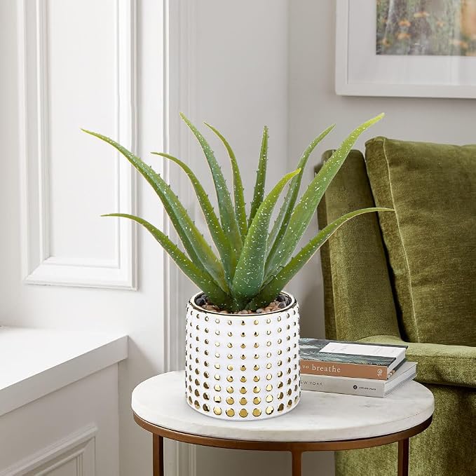 GnFlus Artificial Succulent Aloe Plants 14.2 Inch Large Faux Succulents with Ceramic Pot Fake Aloe Potted Plant for Home Indoor Bathroom Table Bedroom Shelf Office Decor