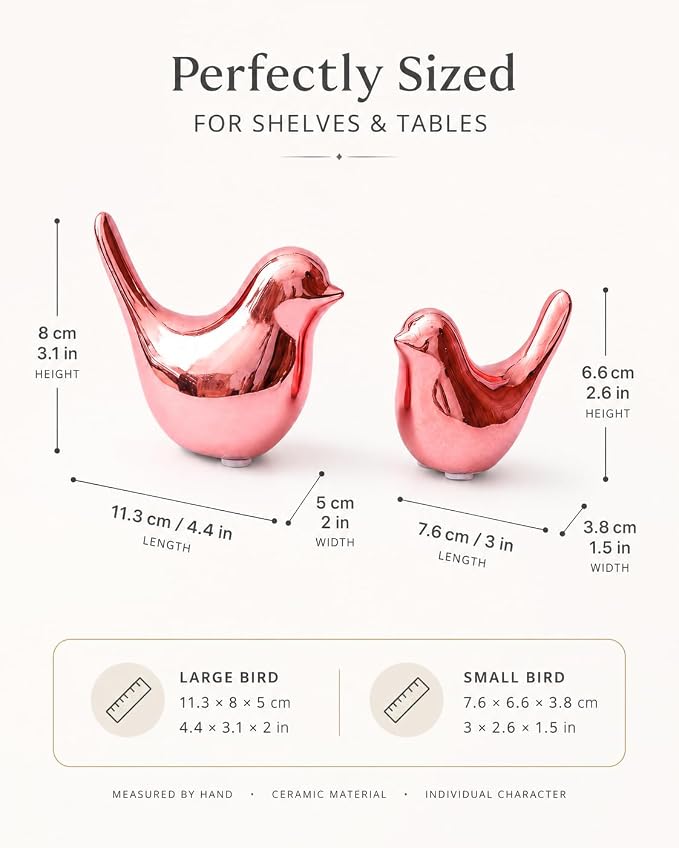 Small Pink Ceramic Birds,2 Pack Handcrafted Decorative Figurines for Home, Office, Desk, Shelf, Tabletop, Living Room, Bedroom, Coffee Table Décor, Gift for Housewarming and Holidays