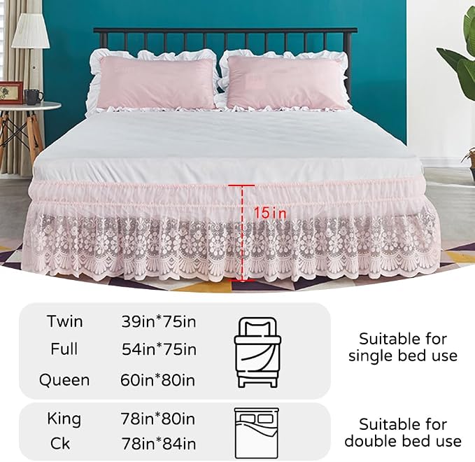 Pink Lace Bed Skirt for Twin Bed - 15in. Drop, Easy Fit Ruffle Bedskirt Wrap Around Bed Skirt, Anti Wrinkle & Fade Resistant
