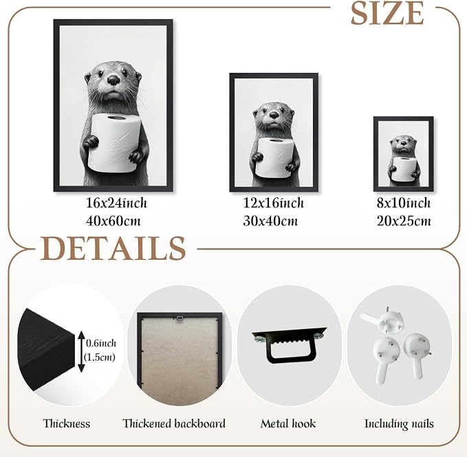 LLEEMPI Funny Otter Toilet Paper Bathroom Wall Art,16x24 Wood Framed Print | Black and white minimalist otter decor for bathroom, restroom or hallway; a funny housewarming gift for animal lovers.