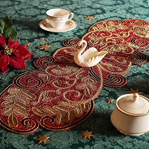 COTTON CRAFT Handmade Beaded Table Runner - 13x36 inches - Red & Gold