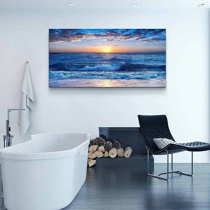 Wapluam Large Canvas Wall Art - Modern Decor for Living Room, Bedroom, Office - Ocean Beach Scene - Blue Sea View - Framed Prints - 24" x 48"