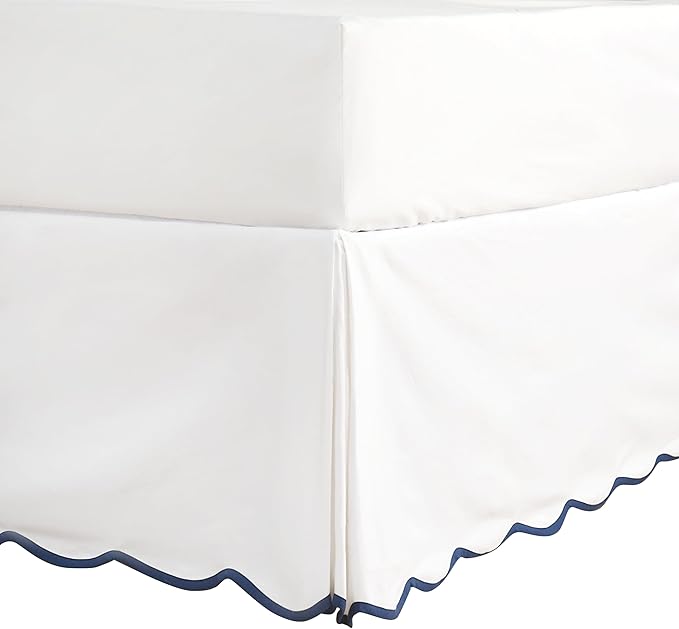 HIG Chic 14'' Full BedSkirts Scallop Edge Pleated Dust Ruffle | Easy Fit, Anti-Slip, Thick Fabric for Enhanced Privacy, Pre-Washed for Long-Lasting Use, Off White/Navy