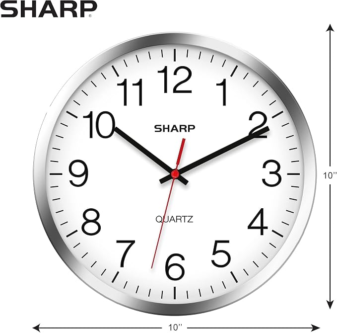 Sharp 10-Inch Battery Wall Clock, Silent Non-Ticking, Easy-Read, Silver | Battery operated; Sweep movement; Large round face; Quartz accuracy; Home, kitchen, office or classroom