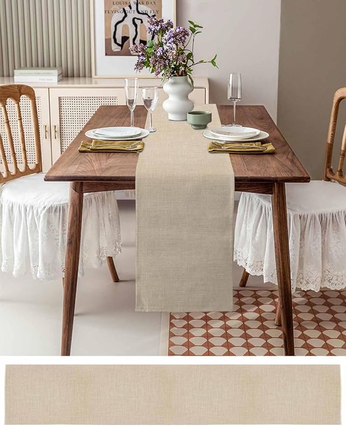 Beige Linen Bottom Table Runner 16x72 Inches Long Solid Color Farmhouse Cotton Linen Table Runner Burlap Style Farmhouse for Dinner Party Tabletop Decorations