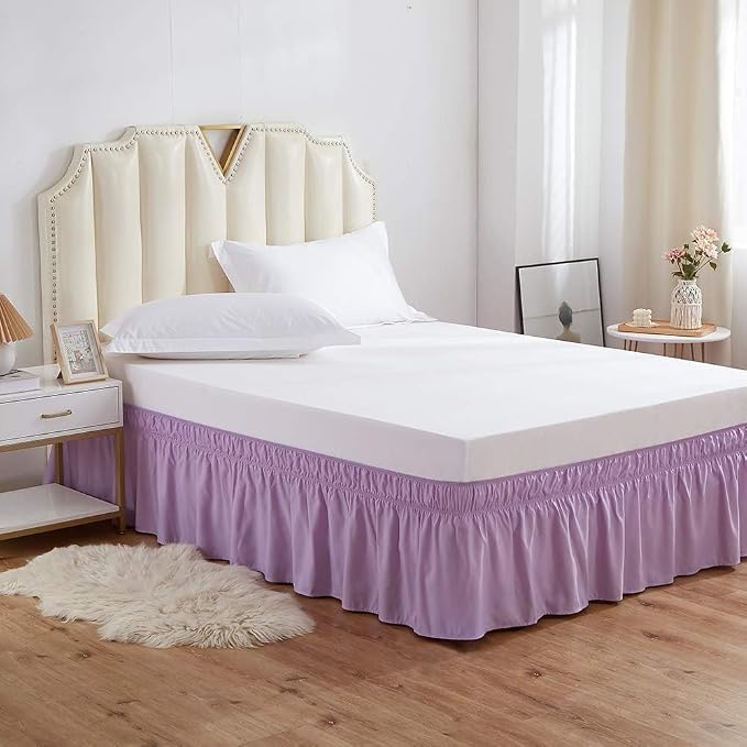MEILA Wrap Around Bed Skirt for Queen & King Beds, 24" Drop,Light Purple | Three-Side Adjustable Elastic Dust Ruffle, Ruffled Polyester Fabric, Easy to Install, Fade Resistant & Machine Washable