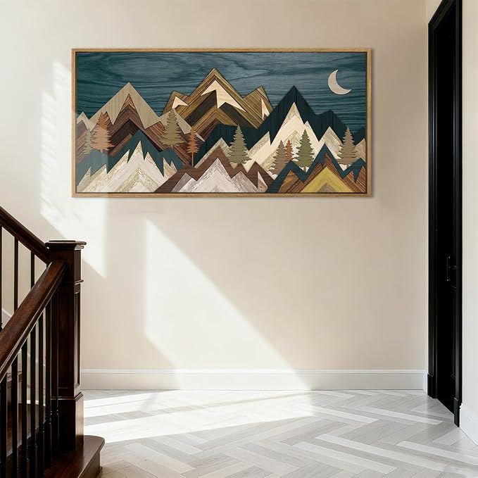 BINCUE Mountain Wall Art Framed Canvas Wall Art Nature Forest Wall Decor Rustic Farmhouse Wall Painting Moon Art for Living Room Bedroom Dining Room Large Size 20"x40"
