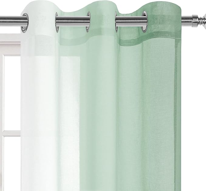 DWCN Light Sage Ombre Sheer Curtains - 84 inches Long Faux Linen Gradient Semi Voile Curtains for Bedroom and Living Room, Set of 2 Grommet Top Window Curtain Panels, 42 x 84 Inches Long, Sage Green