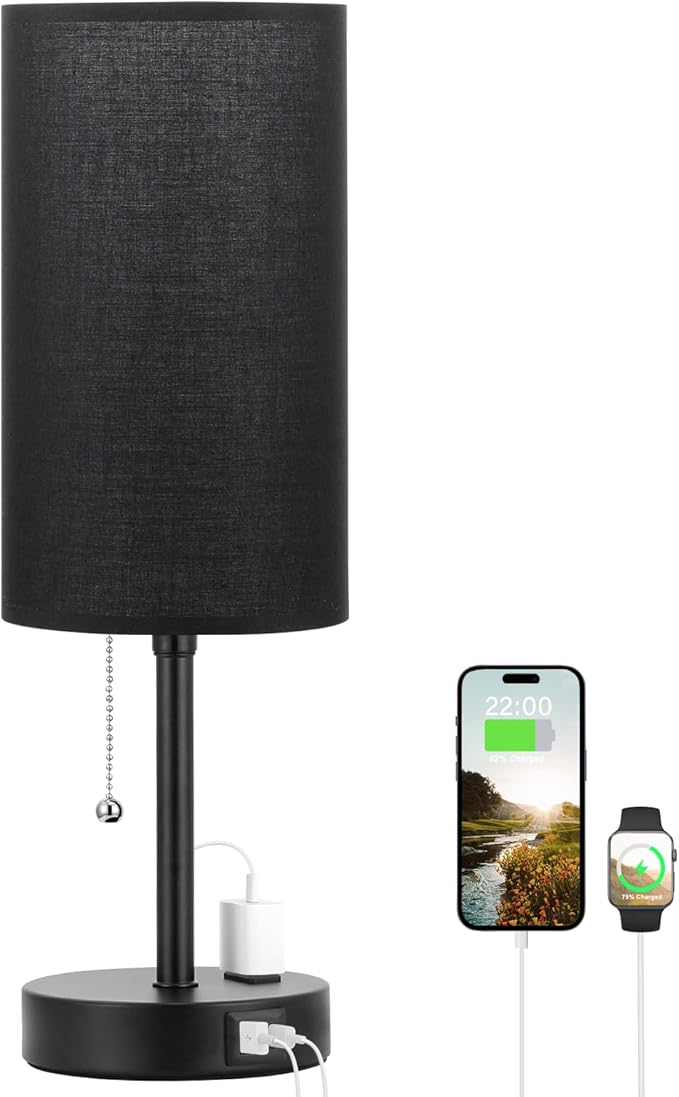 17in Bedside Table Lamp for Bedroom, Desk Lamp with USB Ports for Dorm