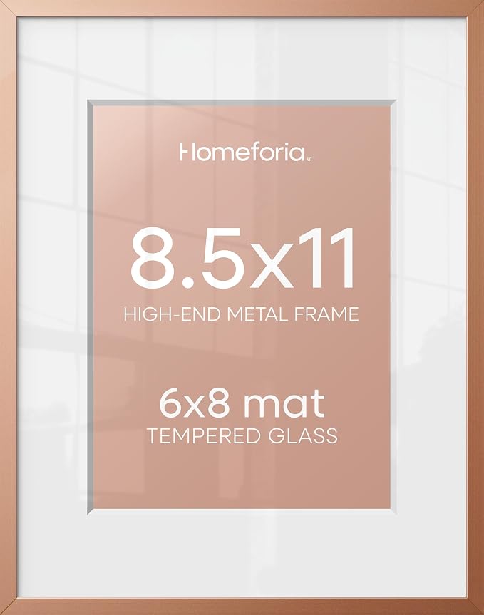 Homeforia 8.5x11 Rose Picture Frame, High-End Metal, 6x8 Mat, Glass