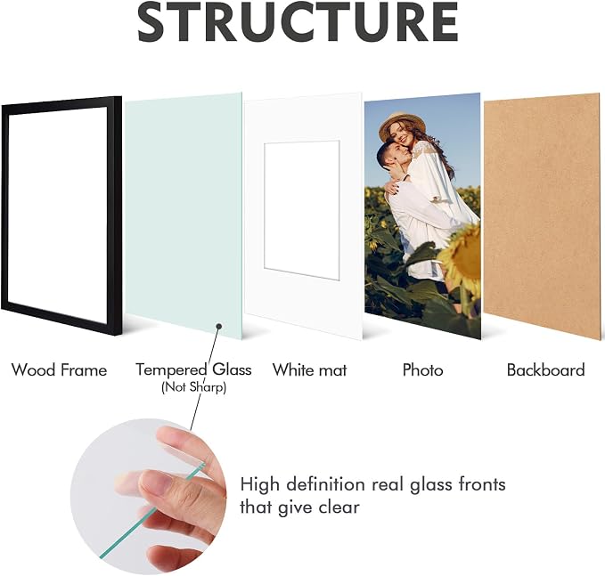 Golden State Art 11x14 Picture Frame Black,Solid Wood&Real Glass,Mat 8x10