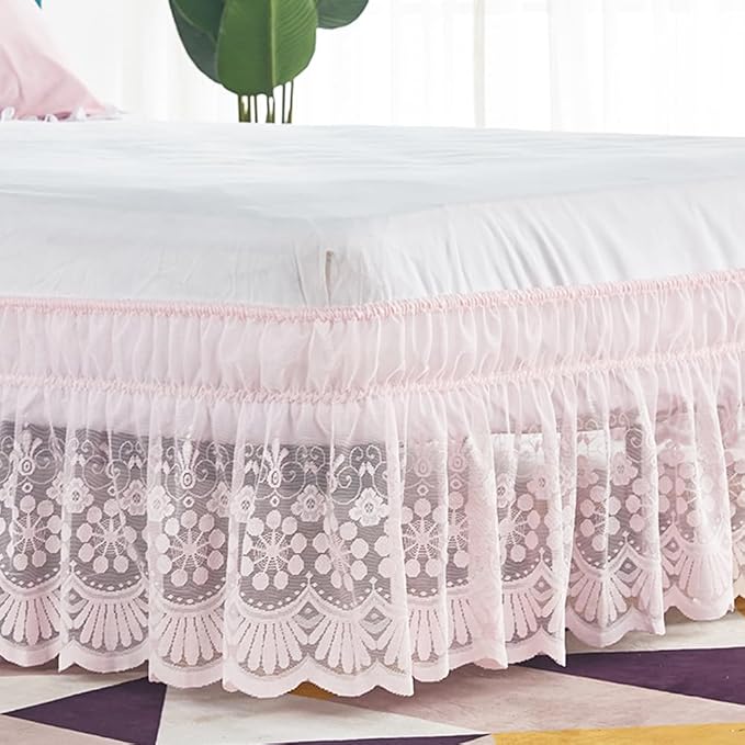 Pink Lace Bed Skirt for Twin Bed - 15in. Drop, Easy Fit Ruffle Bedskirt Wrap Around Bed Skirt, Anti Wrinkle & Fade Resistant