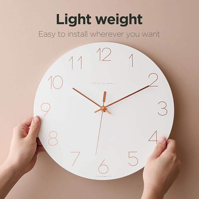 mooas Flatwood Wall Clock (Rose Gold),12" Non-Ticking Sweep Movement | Decorative Battery Operated Wall Clock for Home Living Room Kitchen Bedroom Office School