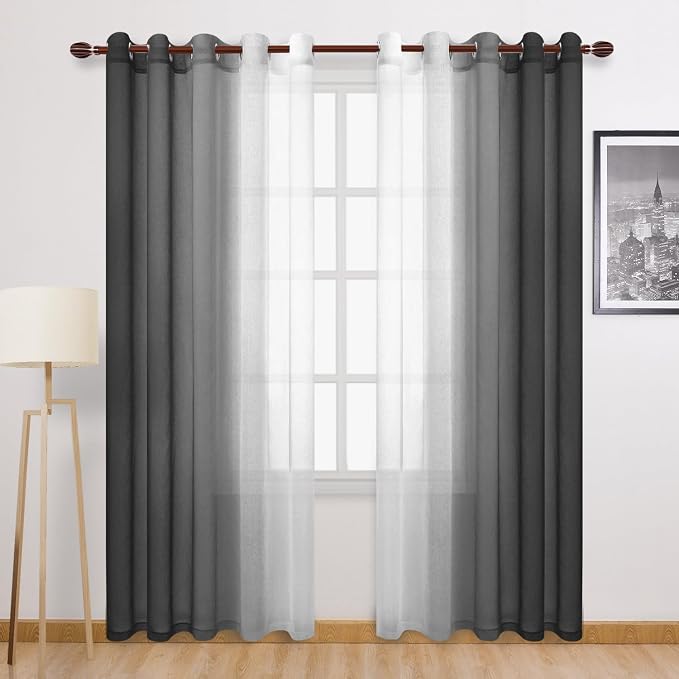 DWCN Black Ombre Faux Linen Sheer Curtains - Extra Wide Gradient Semi Voile Light Filtering Grommet Top Bedroom and Living Room Curtains, 60 x 84 Inches Long, Set of 2 Window Curtain Panels