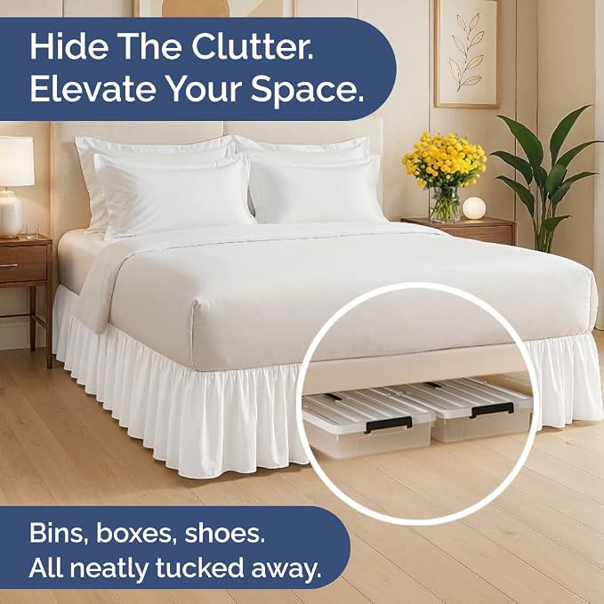 Bedskirt Queen Ruffle - Ruffled Bed Skirt - 12 Inch Drop - Antique White | Bedskirt with Platform, Ultra-Soft Premium Hotel Quality, Wrinkle Free, Fade & Shrink Resistant, for Women, Men, Kids & Teens