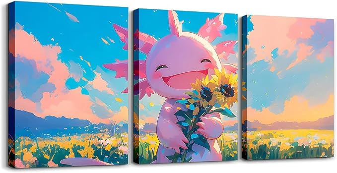 Feelyou Kids Cute Axolotl Picture Wall Decor Ocean Sealife Canvas Wall Art Living Room Bedroom Girls Kawaii Cartoon Animal Wall Painting Posters and Prints Sunflower Bathroom Wall Art 12"x16"x 3Pcs
