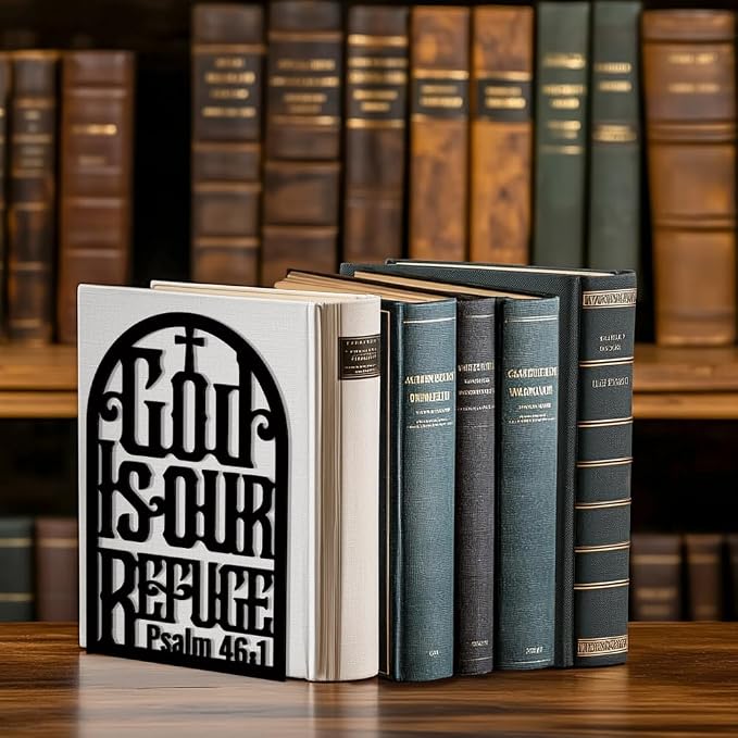 Peacoblue 5.3"x4.3"x7.9" Metal Bookends, Heavy Duty Book Ends for Shelves | Bible Theme Cast Iron Book Supports, 1 Pair Decor Stoppers for Desk, Library, Office & Home Shelves