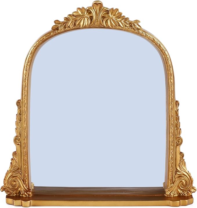SIKOO 8x10 Inch Arched Vintage Mirror with Shelf, Decorative Wall Art for Home, Resin and Premium Glass, Bronze Gold