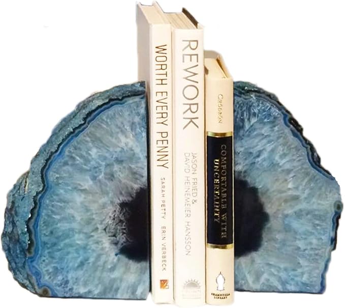 JIC Gem Heavy Blue Agate Geode Bookends Anti-Slip Rubber Pads Decor 6-8 lbs | 1Pair dyed blue crystal bookends Large heavy book stoppers Home office shelf decor Polished gemstone decorative bookends