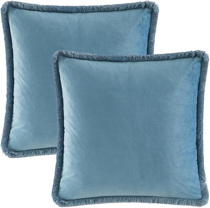JUSPURBET Aqua Decorative Velvet Fringe Throw Pillow Covers 24x24 Set of 2 Boho Soft Cushion Case for Home Decor Living Room Couch Sofa Bed