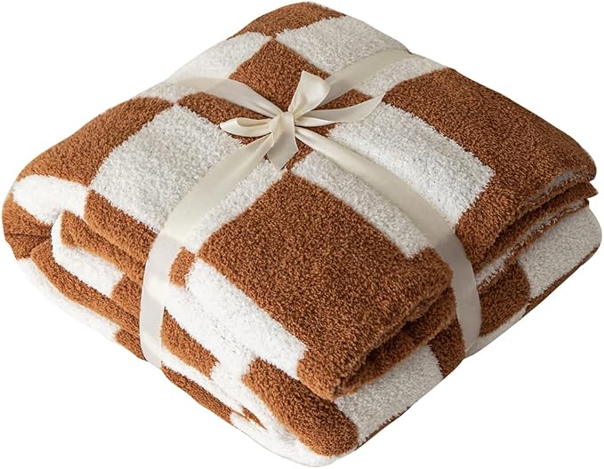 Ultra-Soft Buffalo Checkerboard Grid Fluffy Microfiber Knitted Throw Blanket Super Cozy Lightweight Checkered Bed Blanket for Sofa Couch Bed Khaki 51"X63"