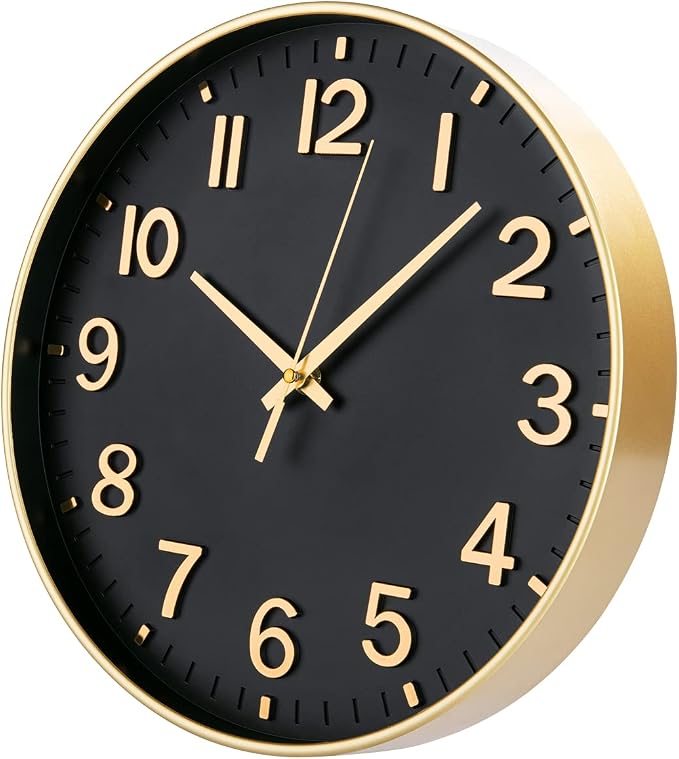 HZDHCLH 12 Inch Silent Wall Clock Battery Operated Non Ticking Black Gold | Non Ticking Modern Clock for Wall, 3D Numbers Wall Clock for Kitchen Bedroom Living Room Office Classroom Decor