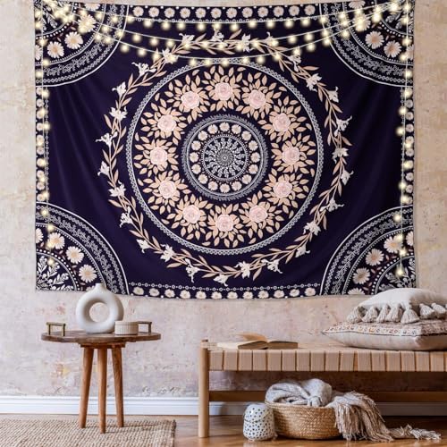 FLY SPRAY Mandala Tapestry Aesthetic,Boho Tapestries Wall Hanging,Dark Rose Floral Medallion Tapestrys,Bohemian Wall Art Hippie Decor for Bedroom Living Room Ceiling