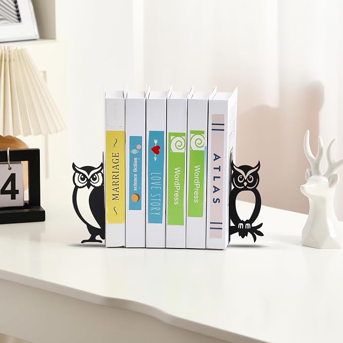 Geelin Metal Owl Bookends Set of 2, Black Book Ends for Shelves Decor