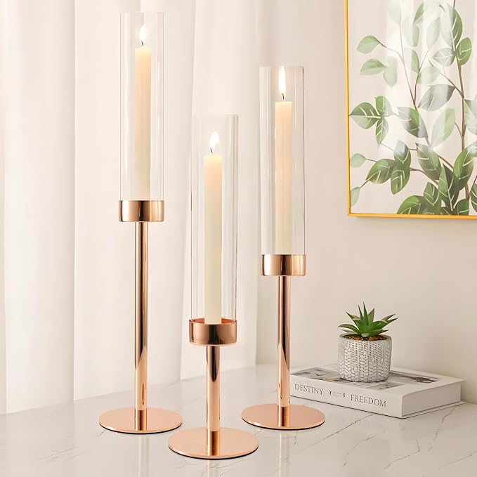 Gold Hurricane Candle Holders, Set of 6 Glass Taper Candlestick Holders Metal Candle Stands Bulk with Glass Cover for Dining Tables Wedding Candelabra Centerpieces Decor