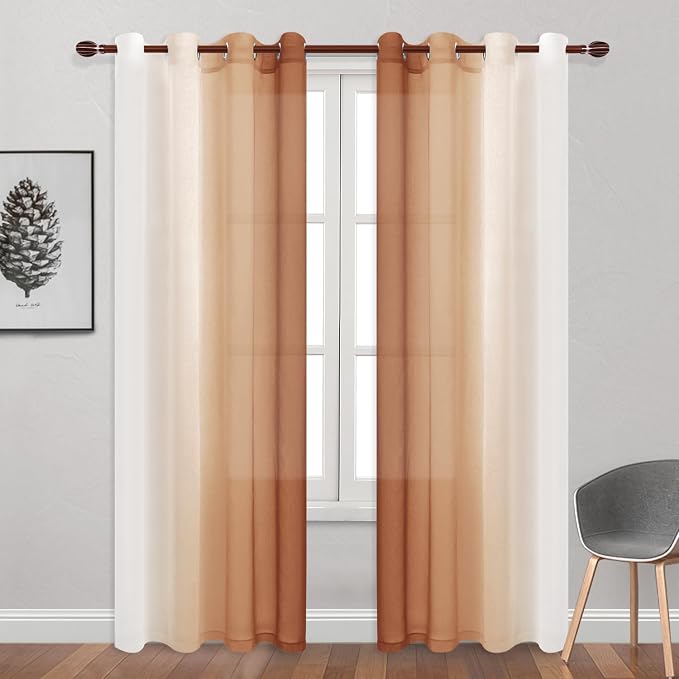 DWCN Ombre Faux Linen Extra Long Sheer Curtains - Semi Voile Gradient Grommet Top Curtains for Bedroom and Living Room, 52 x 102 Inches Long, Set of 2 Window Curtain Panels, Burnt Ochre