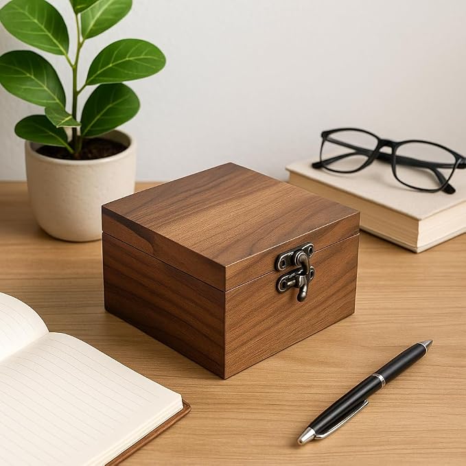 Handcrafted Walnut Wood Keepsake Box – 4.3 x 4.3 x 2.5 inch – Jewelry, Watch & Gift Storage Box – Rustic Wooden Box for Wedding, Birthday, Christmas