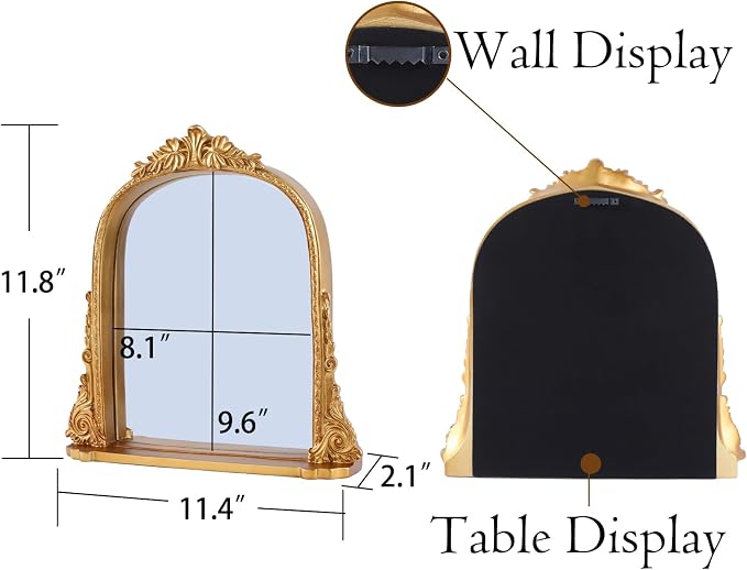 SIKOO 8x10 Inch Arched Vintage Mirror with Shelf, Decorative Wall Art for Home, Resin and Premium Glass, Bronze Gold
