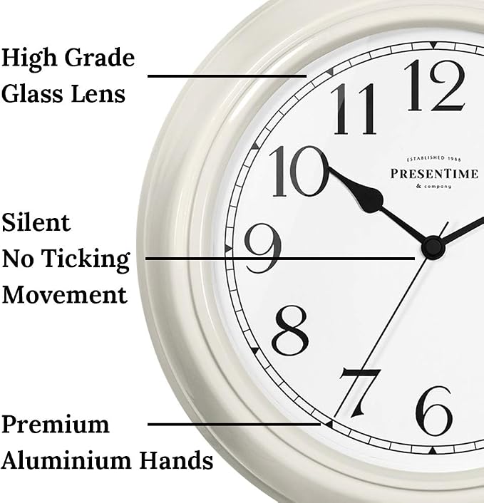 Presentime Chic Home Collection 10" Molly Clock | Silent No Ticking, Cream White. Modern Decorative Wall Clock for Kitchen, Kid's Room, Bathroom, Bedroom, and Office