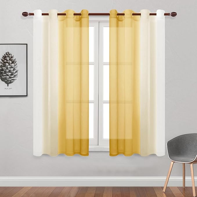 DWCN Ombre Sheer Curtains - Faux Linen Semi Voile Gradient Light-Filtering Bedroom and Living Room Curtains, Set of 2 Grommet Top Window Drape Panels, 52 x 72 Inch Length, Mustard Yellow